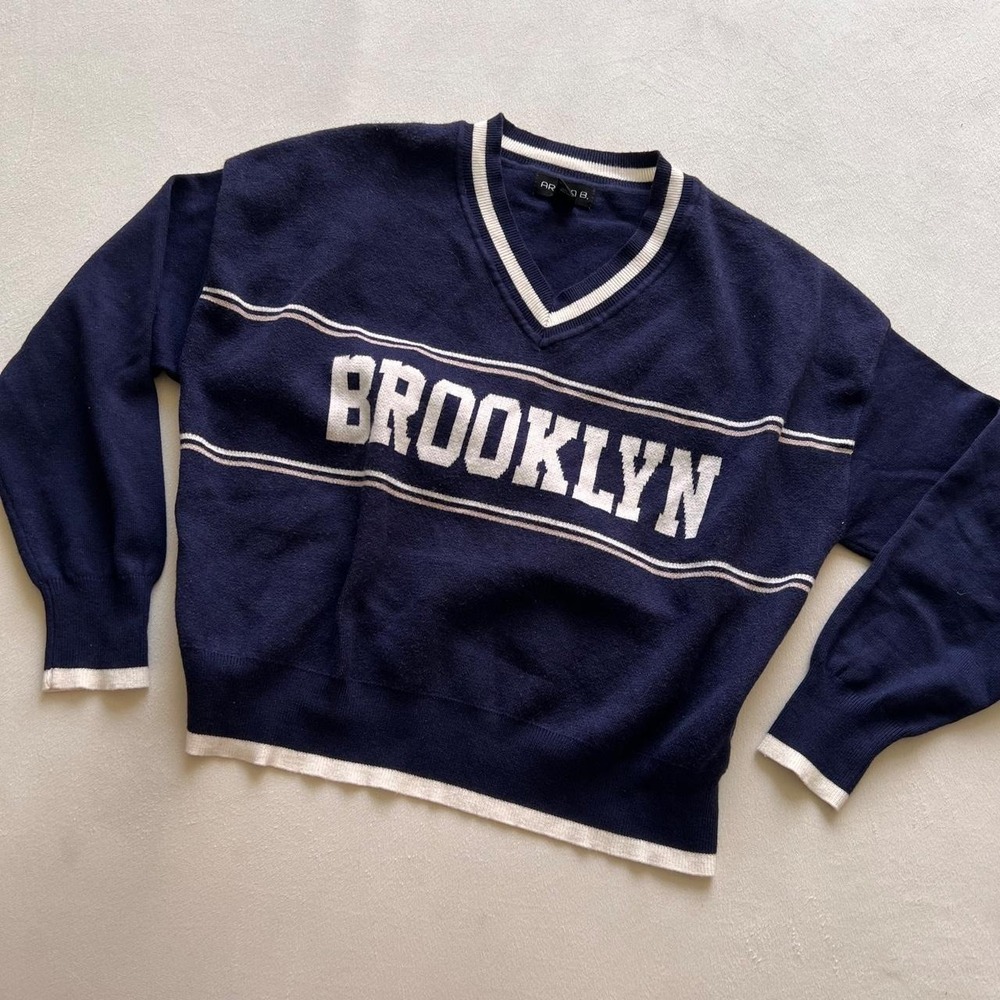 Brooklyn NY Navy Blue White Academia College vNeck Sweater Fall Autumn Librarian